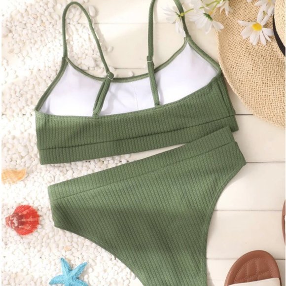 Green Ribbed High Waist Bikini Swimsuit Bathing Suit - Picture 7 of 8